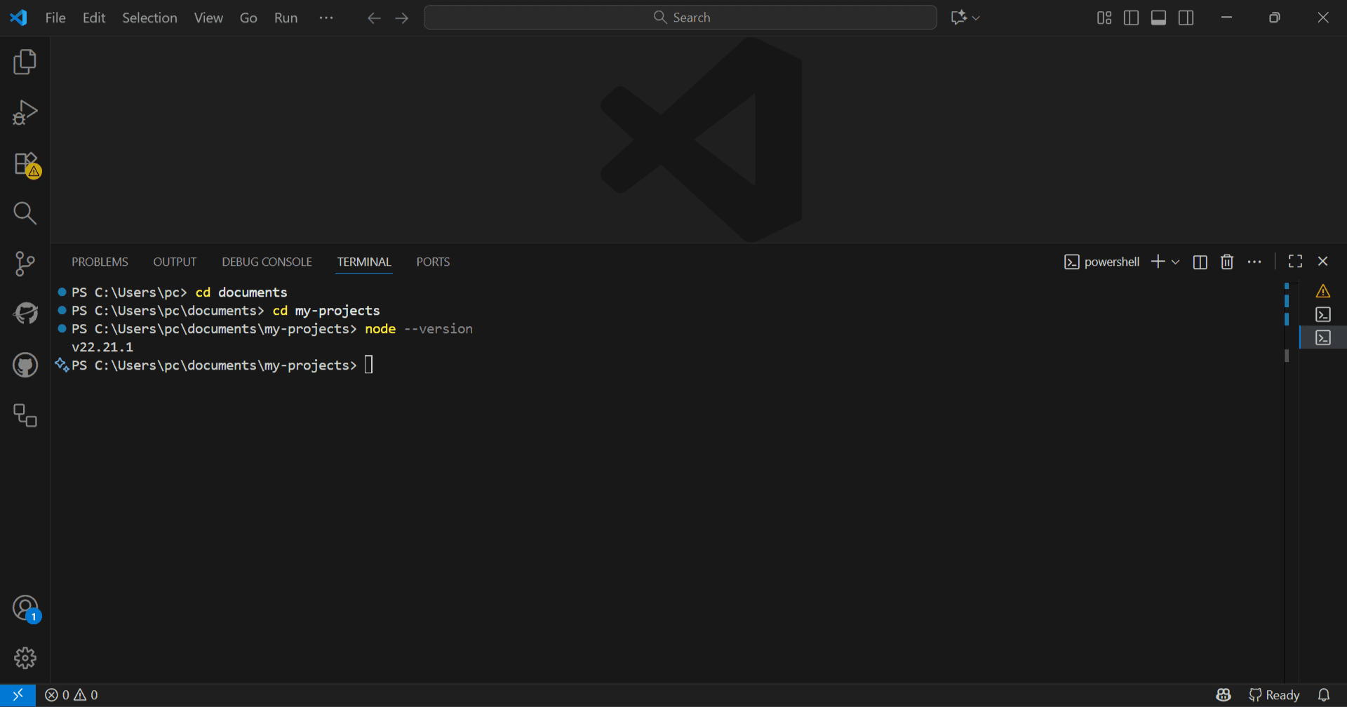 Terminal showing node --version command