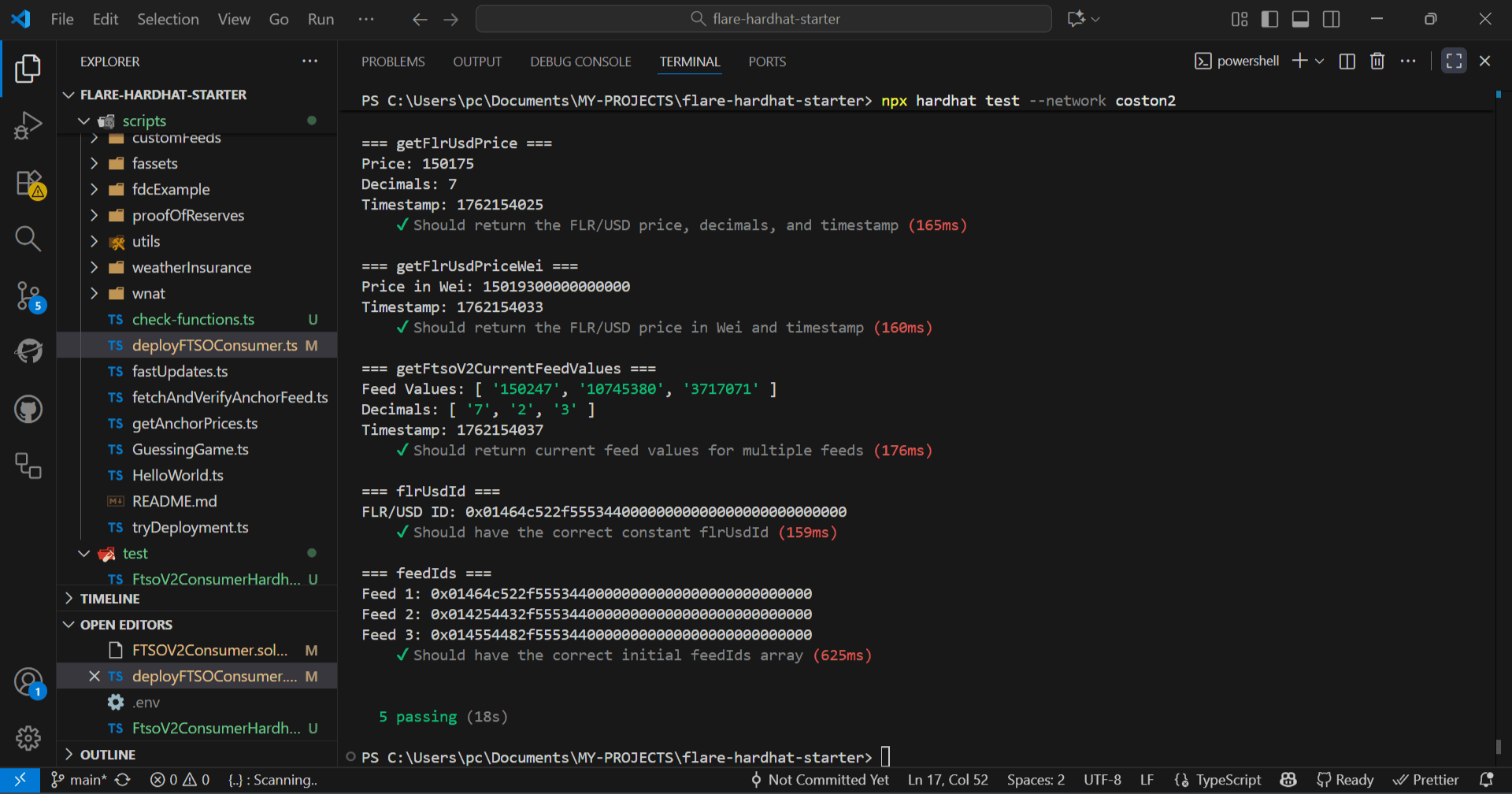 My terminal showing all tests passing with actual price data