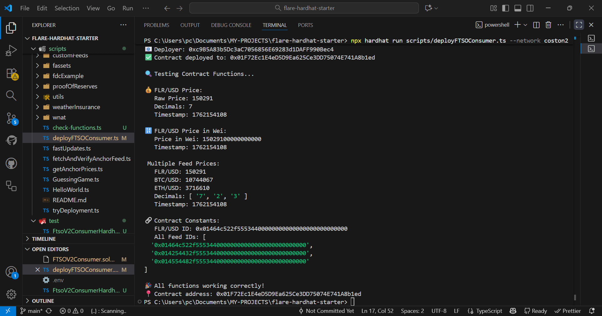 My terminal showing successful deployment with contract address